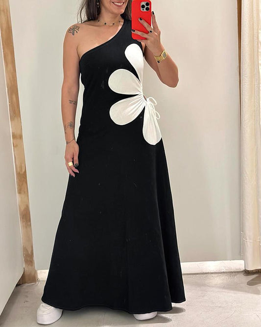 Colorblock Floral Print One Shoulder Drawstring Maxi Dress