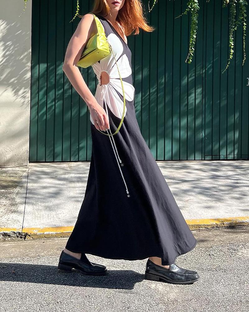 Colorblock Floral Print One Shoulder Drawstring Maxi Dress