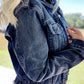 Navy Blue Ruffle Raw Hem Flap Pockets Denim Jacket