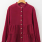 Burgundy Corduroy Ruffle Tiered Buttoned O Neck Shirt