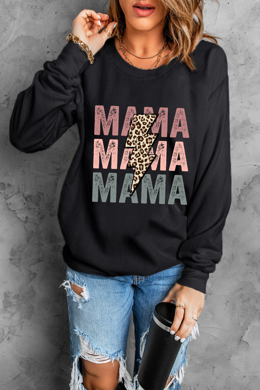 Black Leopard Lightning MAMA Graphic Pullover Sweatshirt