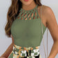Hollow Out Tank Top & Floral Print Shorts Set With Belt