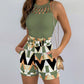 Hollow Out Tank Top & Floral Print Shorts Set With Belt