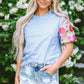 Light Blue Gingham Floral Embroidered Puff Sleeve Blouse