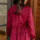 Burgundy Corduroy Ruffle Tiered Buttoned O Neck Shirt