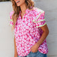 Pink Floral Contrast Ric Rac Layered Ruffle Sleeve Blouse