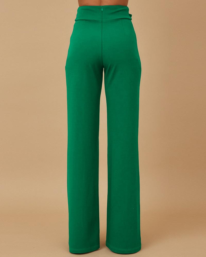 Metal Button Decor High Waist Casual Straight Leg Work Pants