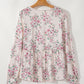 Pink Floral Print Pleated U Neck Loose Fit Blouse