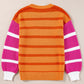 Orange Stripe Colorblock Crew Neck Drop Shoulder Loose Sweater