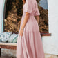 Pink Puff Sleeve Pleated High Waist Flowy Long Dress