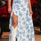 Sky Blue Boho Floral High Waist Ruffle Split Maxi Skirt