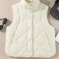 Beige Quilted High Neck Button Up Pocket Vest Coat