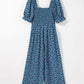 Blue Vintage Boho Floral Smocked Short Puff Sleeve Wide Leg Jumpsuit