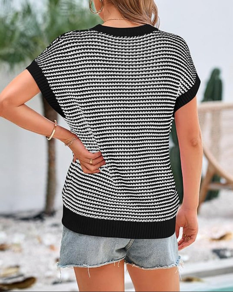 Striped Print Round Neck Cap Sleeve Knit Top Casual Contrast Binding Pullover Sweater Tank