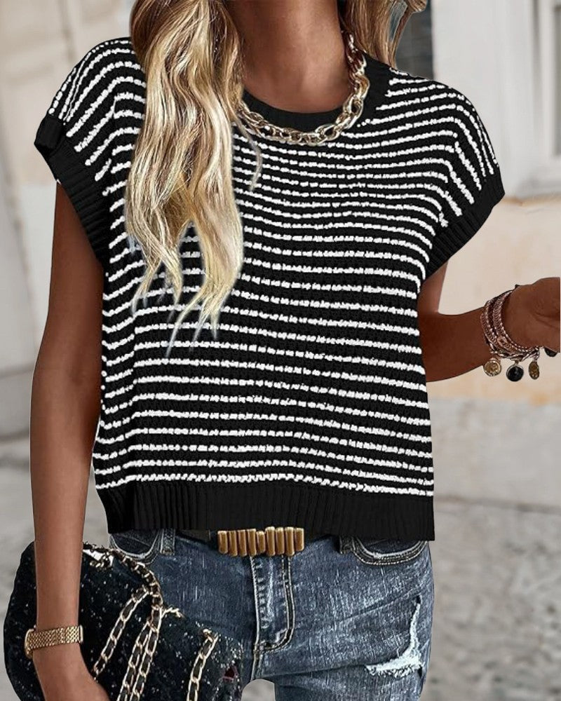 Striped Print Round Neck Cap Sleeve Knit Top Casual Contrast Binding Pullover Sweater Tank
