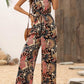 Black Floral Print Belted Sleeveless Wide Leg Jumpsuit
