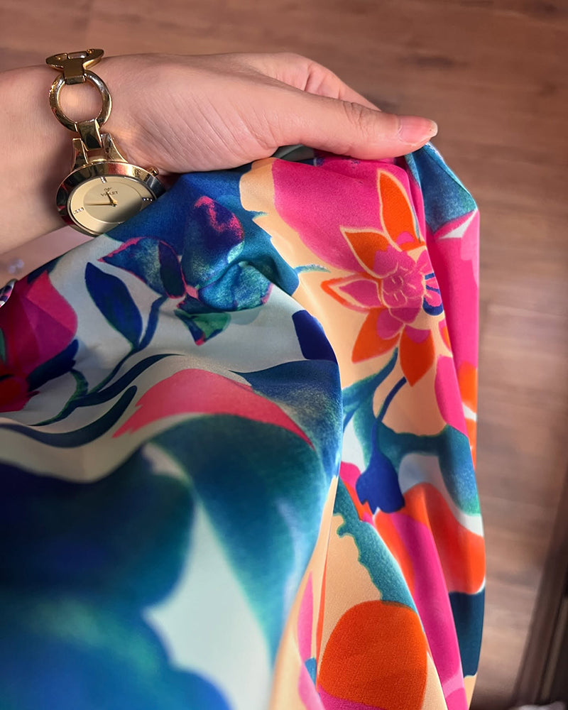 Colorblock Floral Print One Shoulder Tied Detail Blouse Casual Loose Fit Top