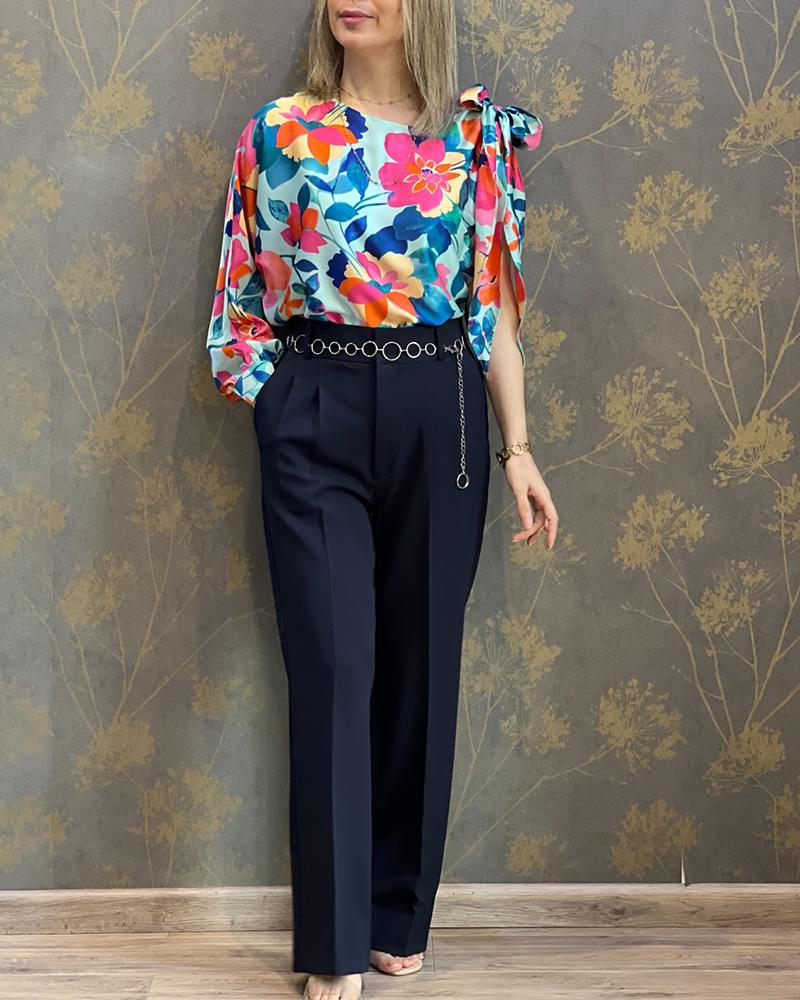 Colorblock Floral Print One Shoulder Tied Detail Blouse Casual Loose Fit Top
