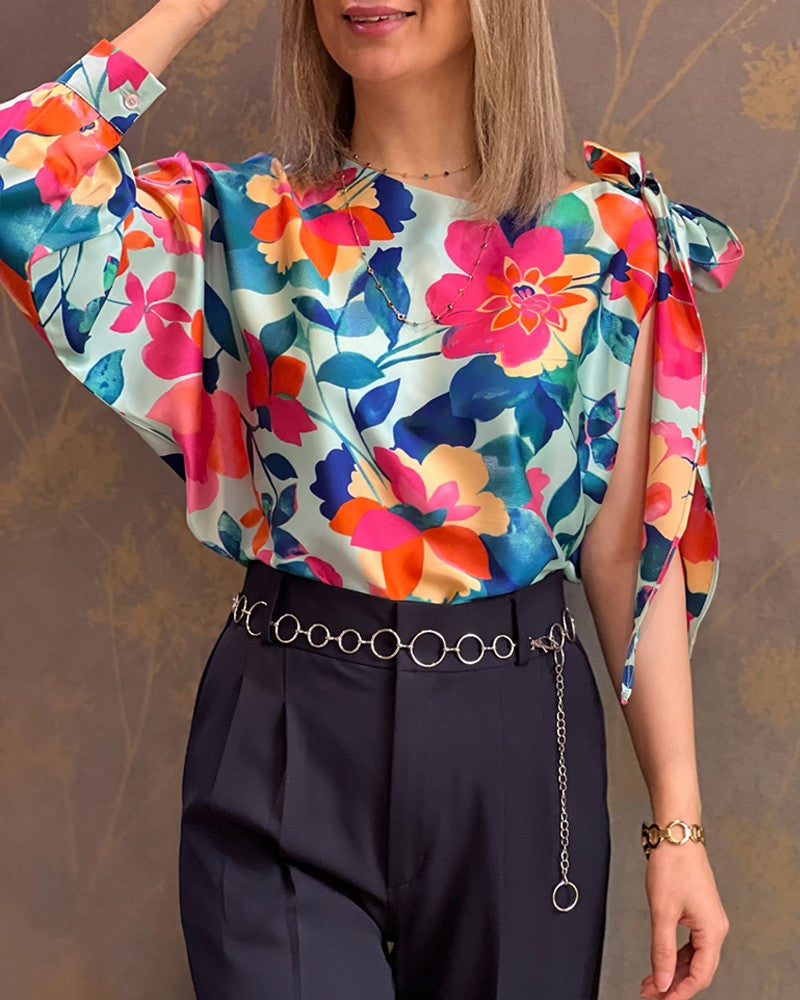 Colorblock Floral Print One Shoulder Tied Detail Blouse Casual Loose Fit Top