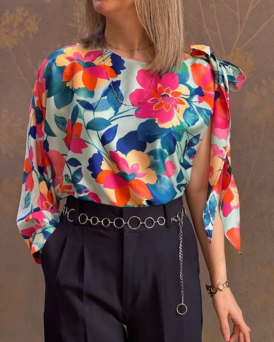 Colorblock Floral Print One Shoulder Tied Detail Blouse Casual Loose Fit Top