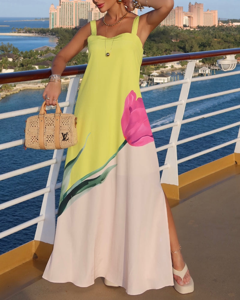 Floral Print Spaghetti Strap Slit Maxi Dress Casual Ombre Flowy Vacation Dress