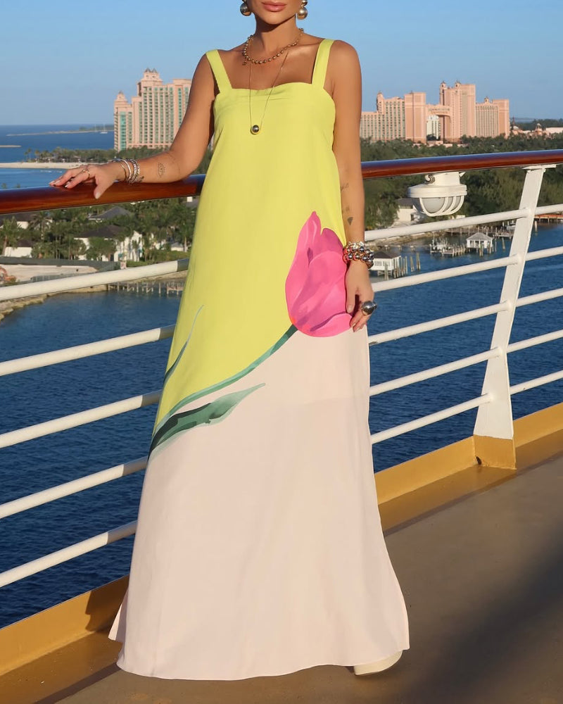 Floral Print Spaghetti Strap Slit Maxi Dress Casual Ombre Flowy Vacation Dress