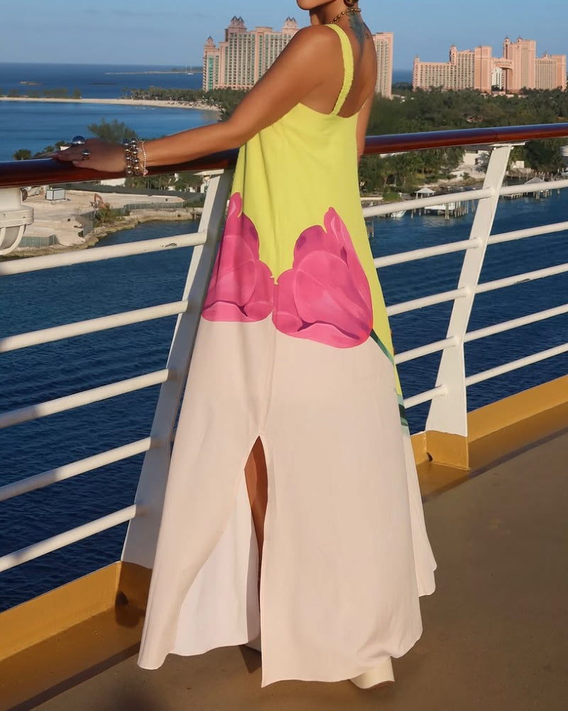 Floral Print Spaghetti Strap Slit Maxi Dress Casual Ombre Flowy Vacation Dress
