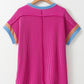 Bright Pink Textured Contrast Trim Round Neck T Shirt