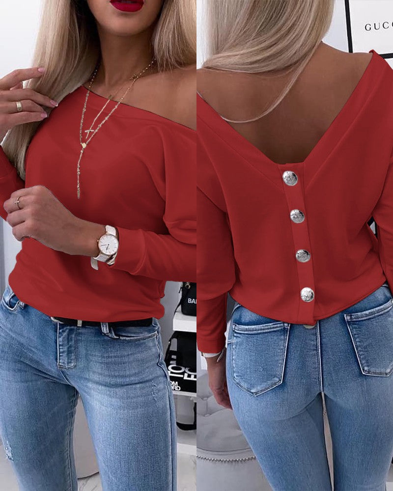 Long Sleeve Backless Buttoned Top