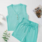 Mint Green Ribbed Button V Neck Tank Top and Shorts Set