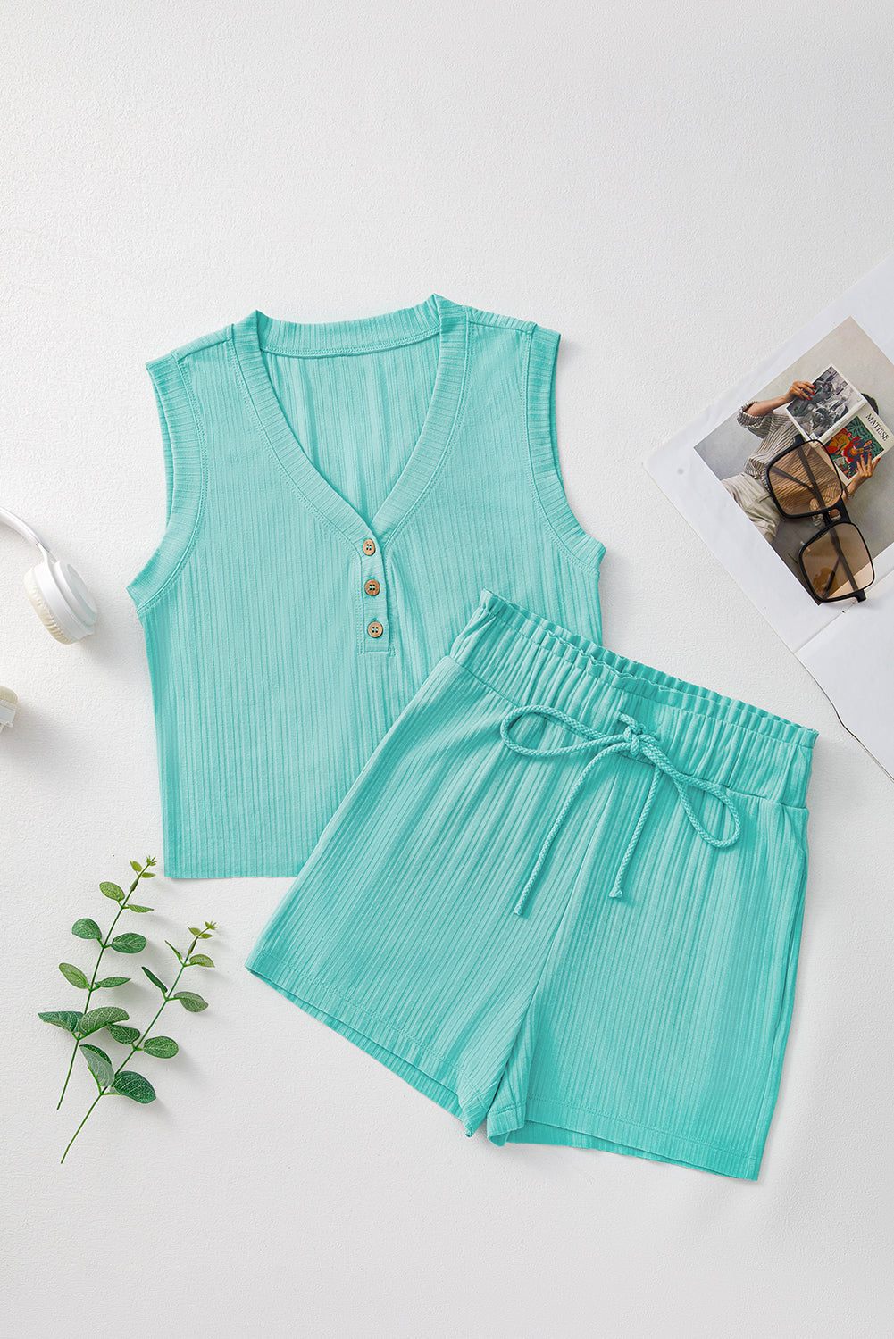 Mint Green Ribbed Button V Neck Tank Top and Shorts Set