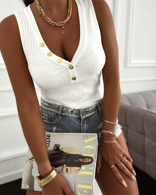 V Neck Sleeveless Tank Button Design Casual Slim Fit Top