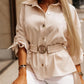 Turn down Collar Drawstring Sleeve Button Down Shirt Top