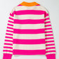 Rose Stripe Color Block Collared V Neck Drop Shoulder Sweater