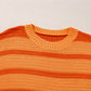 Orange Stripe Colorblock Crew Neck Drop Shoulder Loose Sweater