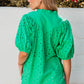 Green Flower Embroidered Hollow-out Puff Sleeve Blouse