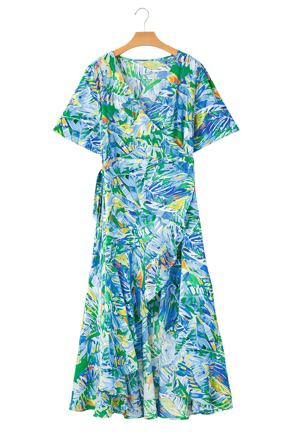 Green Leaves Print Short Sleeve Surplice Neck Ruffled Trim Plus Size Maxi Dress