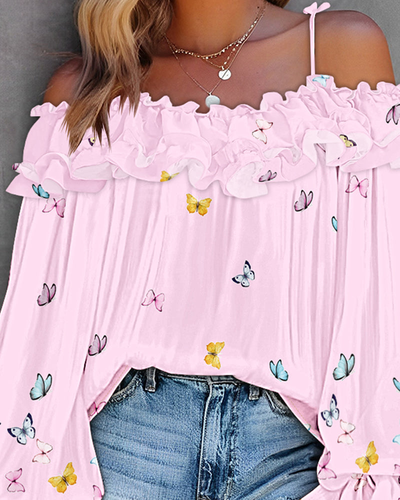 Butterfly Print Off the Shoulder Ruffles Blouse Casual Lantern Sleeve Top