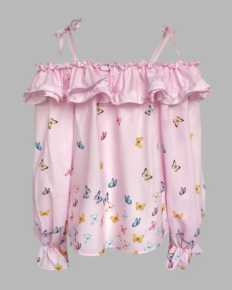 Butterfly Print Off the Shoulder Ruffles Blouse Casual Lantern Sleeve Top