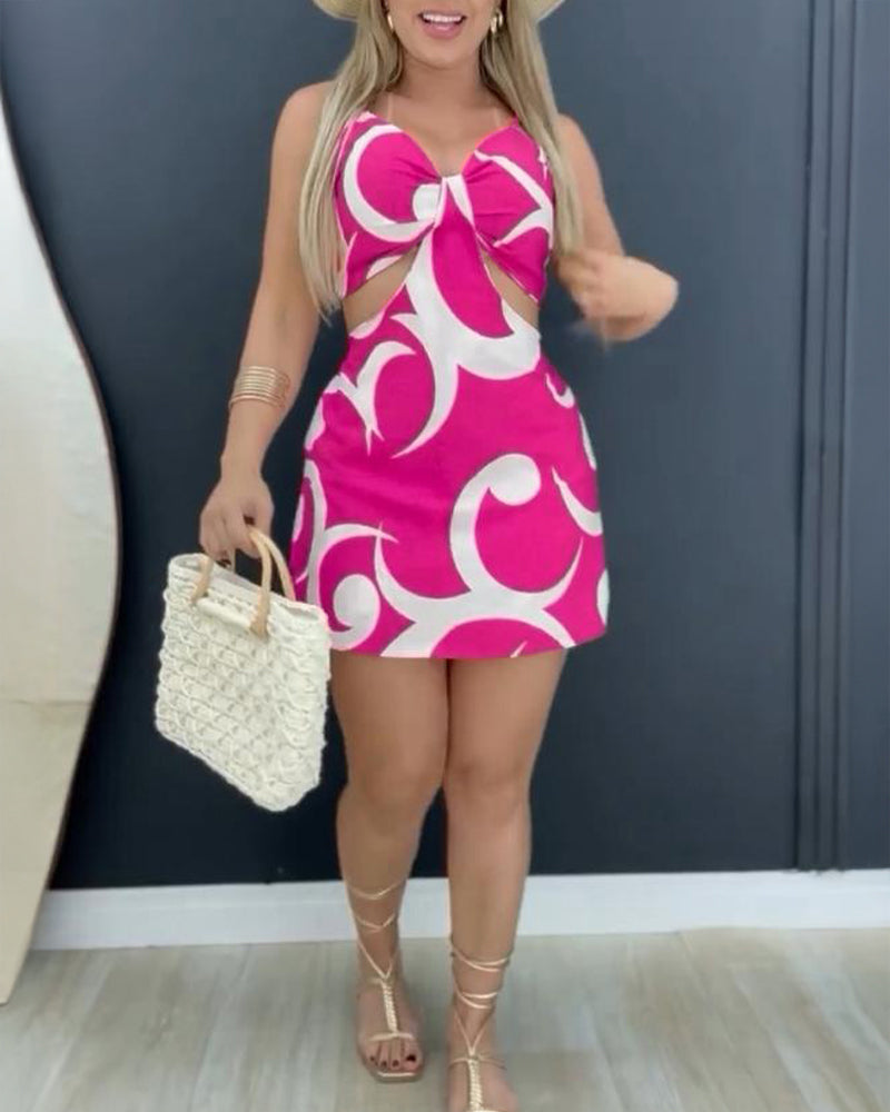 Floral Print Bowknot Decor Spaghetti Strap Skort Romper Casual Hollow out Slim Fit Jumpsuit