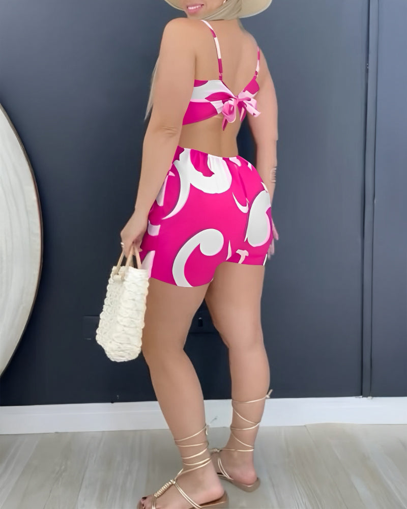 Floral Print Bowknot Decor Spaghetti Strap Skort Romper Casual Hollow out Slim Fit Jumpsuit