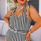 Black Stripe Plus Size Self Tie Straps O-Ring Waistband One Piece Swimsuit