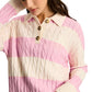 Pink Stripe Cable Knit Collared Henley Sweater