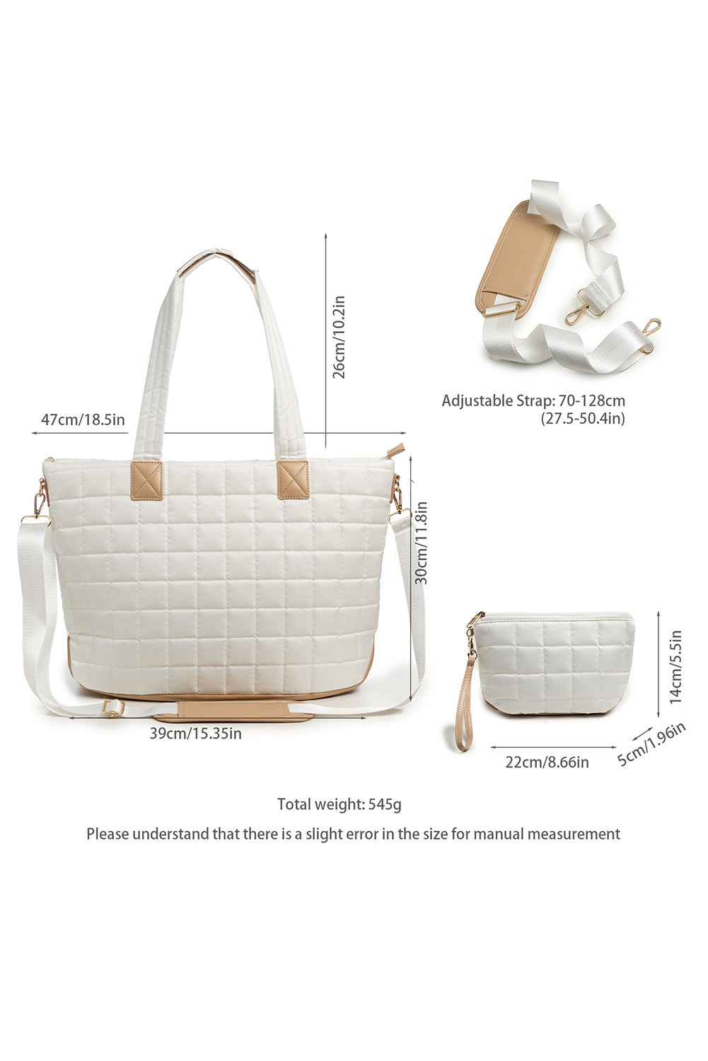 White Quilted Patchwork Large Tote Bag and Clutch 2pcs Set
