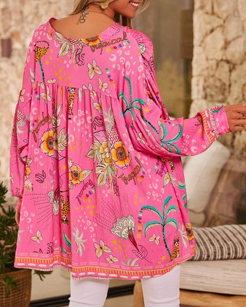 Tribal Print Long Sleeve Pullover Top and Casual Loose Fit Top