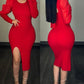 Crewneck Puff Sleeve Backless Tied Detail Midi Dress Slit Slim Fit Party Club Bodycon Dress