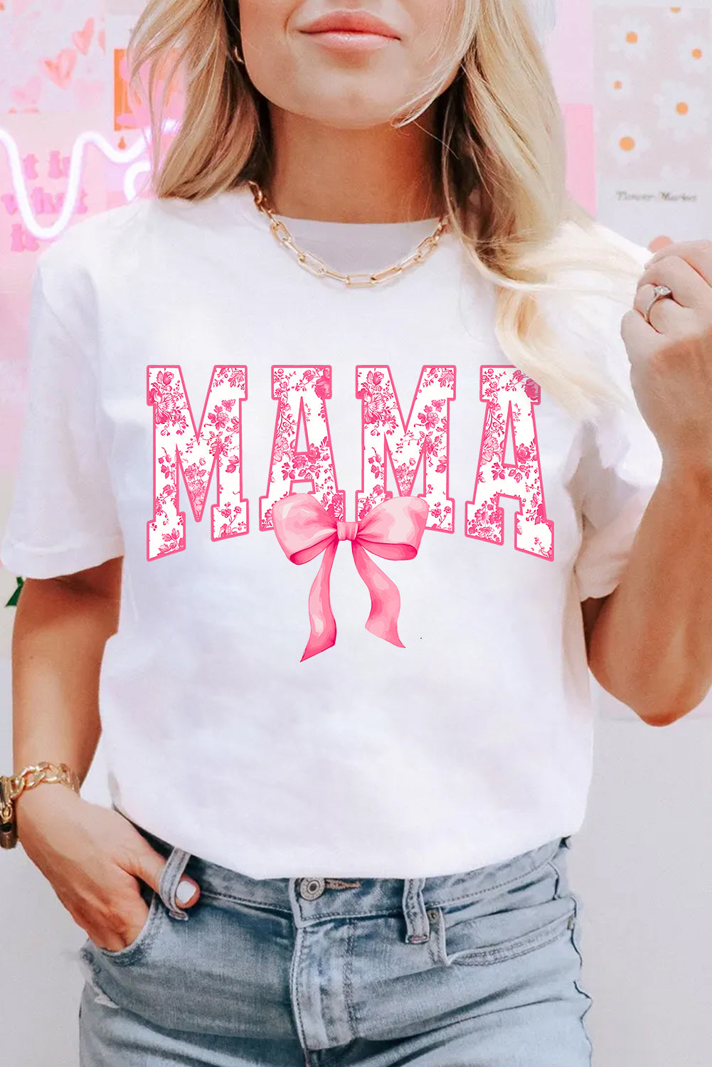 White Floral MAMA Lettering Bow Printed T Shirt