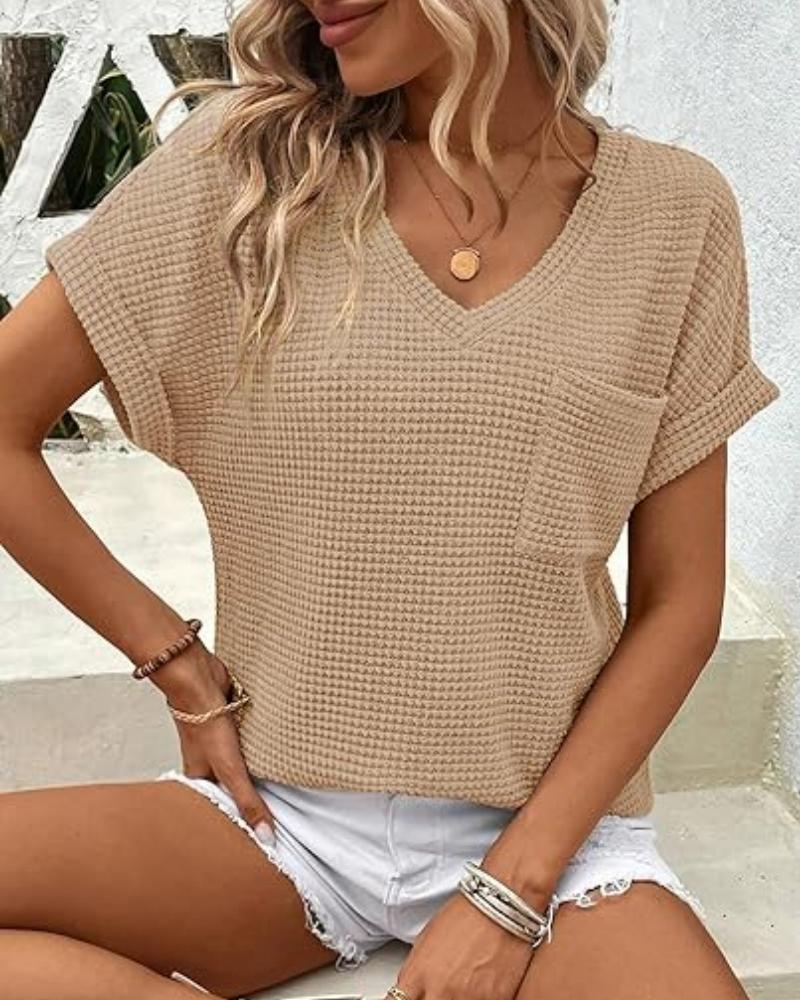 V Neck Short Sleeve Waffle T Shirt Casual Pocket Design Loose Fit Top
