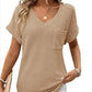 V Neck Short Sleeve Waffle T Shirt Casual Pocket Design Loose Fit Top