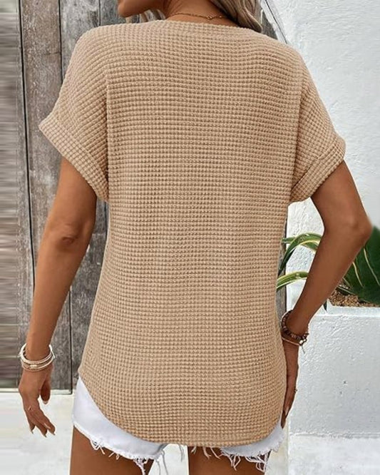 V Neck Short Sleeve Waffle T Shirt Casual Pocket Design Loose Fit Top